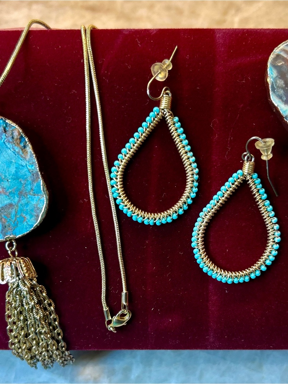 Turquoise Beaded Teardrop Earrings with Gold Wire - Women Jewelry